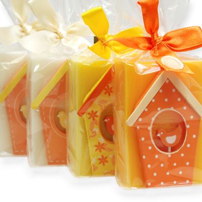 Sheep milk soap 150g, decorated with a bird house in a cellophane, sorted 