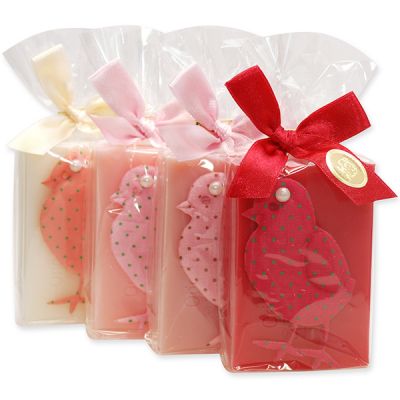 Sheep milk soap 150g, decorated with a bird in a cellophane, sorted 