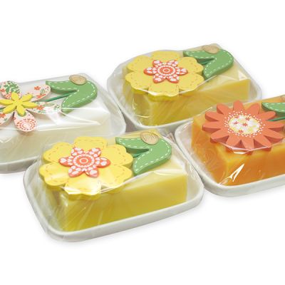 Sheep milk soap 150g on a soap dish, decorated with a flower in a cellophane, sorted 