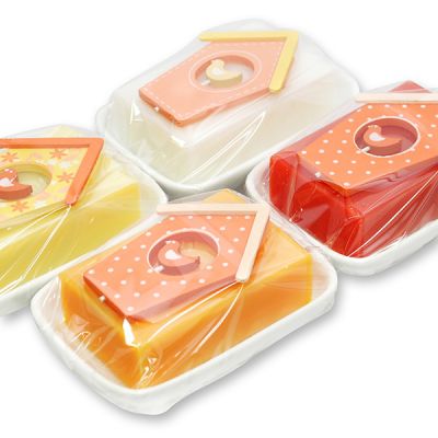 Sheep milk soap 150g on a soap dish decorated with a bird house in a cellophane, sorted 