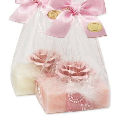 Sheep milk soap 150g, decorated with a rose in a cellophane, Classic/peony 