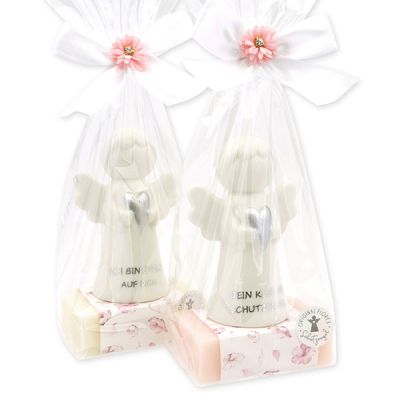 Sheep milk soap square 150g decorated with guardian angel with heart in a cellophane bag, Classic/Jasmine 