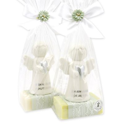 Schafmilchseife eckig 150g dekoriert mit Schutzengel mit Herz in Cello, Classic/Wiesenblume 