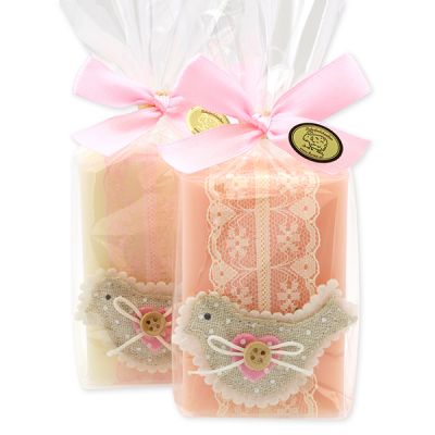 Schafmilchseife eckig 150g dekoriert mit Vogel in Cello, Classic/Pfingstrose 
