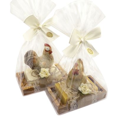 Sheep milk soap 150g on a soap dish decorated with a chicken/rooster in a cellophane bag, Classic/swiss pine 