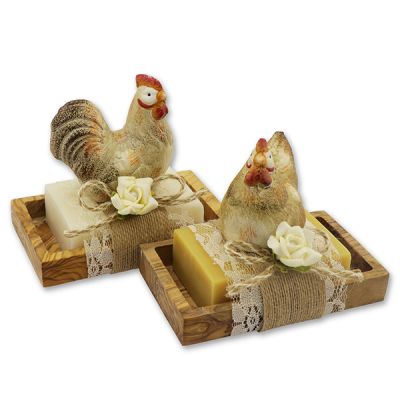 Sheep milk soap 150g on a soap dish decorated with a chicken/rooster, Classic/swiss pine 