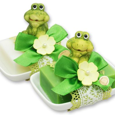 Schafmilchseife eckig 150g auf Seifenschale dekoriert mit Frosch, Classic/Apfel 