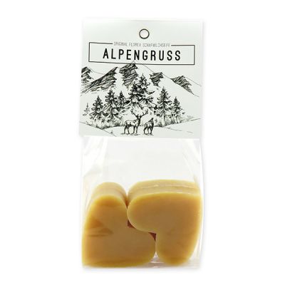 Sheep milk soap heart 4x23g packed in a cellophane bag "Alpengruß", Swiss pine 