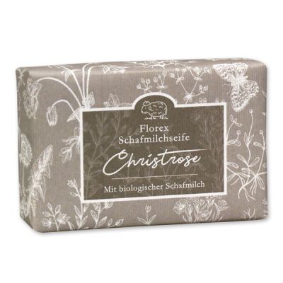 Schafmilchseife eckig liegend 150g "Florentine" im gerillten Papier, Christrose 