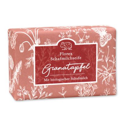 Schafmilchseife eckig liegend 150g "Florentine" im gerillten Papier, Granatapfel 