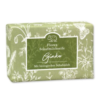 Schafmilchseife eckig liegend 150g "Florentine" im gerillten Papier, Ginko 