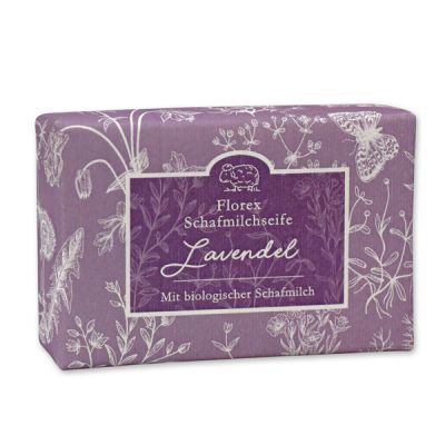 Schafmilchseife eckig liegend 150g "Florentine" im gerillten Papier, Lavendel 