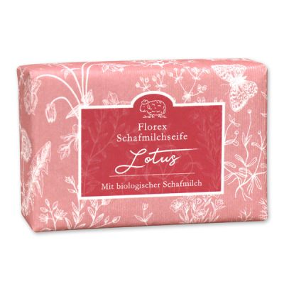 Schafmilchseife eckig liegend 150g "Florentine" im gerillten Papier, Lotus 