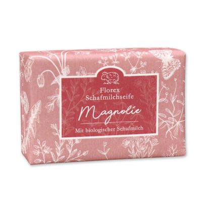 Schafmilchseife eckig liegend 150g "Florentine" im gerillten Papier, Magnolie 