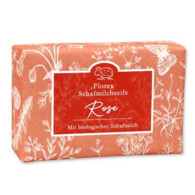 Schafmilchseife eckig liegend 150g "Florentine" im gerillten Papier, Rose rot 