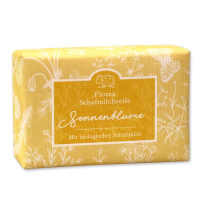 Schafmilchseife eckig liegend 150g "Florentine" im gerillten Papier, Sonnenblume 