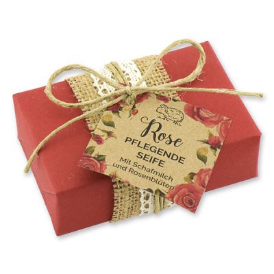 Schafmilchseife eckig 150g Geschenkpäckchen "Wohlfühlzeit", Rose mit Blüten 