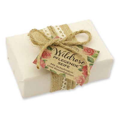 Schafmilchseife eckig 150g Geschenkpäckchen "Wohlfühlzeit", Wildrose mit Blüten 