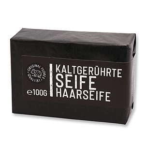 Kaltgerührte Seife 100g "Black Edition" schwarz verpackt, Haarseife 