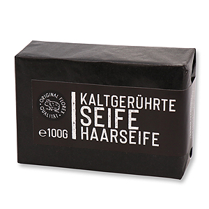 Kaltgerührte Spezialseife 100g schwarz verpackt "Black Edition", Haarseife 