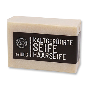 Kaltgerührte Spezialseife 100g weiß verpackt "Black Edition", Haarseife 