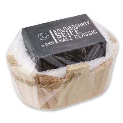 Cold-stirred special soap 100g wooden basket in a cello "Black Edition", Salt classic 