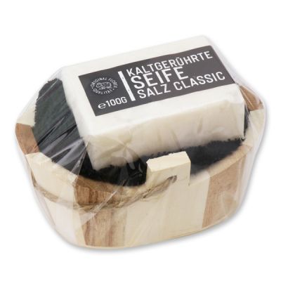 Cold-stirred special soap 100g wooden basket in a cello "Black Edition", Salt classic 
