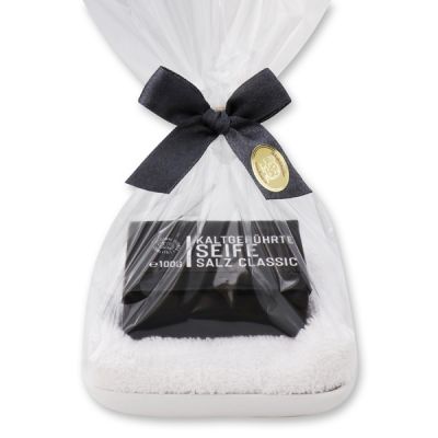 Cold-stirred special soap 100g on a soap dish in cello "Black Edition", Salt classic 