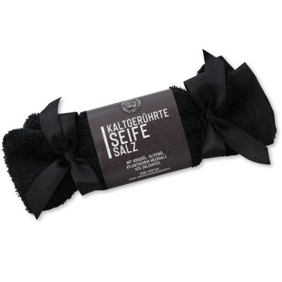 Kaltgerührte Spezialseife 100g Waschlappen-Zuckerl schwarz "Black Edition", Salz ohne Parfum 