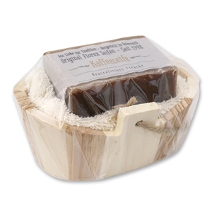 Cold-stirred special soap 100g and a washing cloth in a wooden basket in cello "Love for tradition", Coffee 