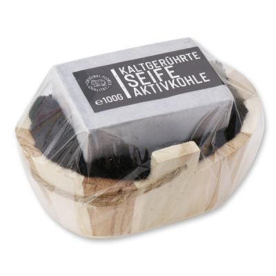 Cold-stirred special soap 100g wooden basket in cello "Black Edition", Activated carbon 