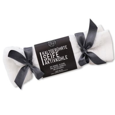 Cold-stirred special soap 100g in a washing cloth white "Black Edition", Activated carbon 