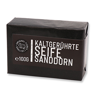 Kaltgerührte Seife 100g schwarz verpackt "Black Edition", Sanddorn 