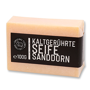 Kaltgerührte Seife 100g weiß verpackt "Black Edition", Sanddorn 