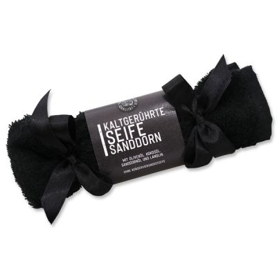 Cold-stirred soap 100g in a washing cloth black "Black Edition", Sea buckthorn 