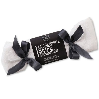 Cold-stirred soap 100g in a washing cloth white "Black Edition", Sea buckthorn 
