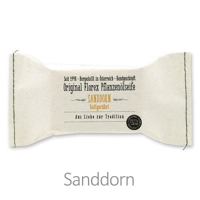 Kaltgerührte Seife 100g im genähten Papierbeutel "Aus Liebe zur Tradition", Sanddorn 