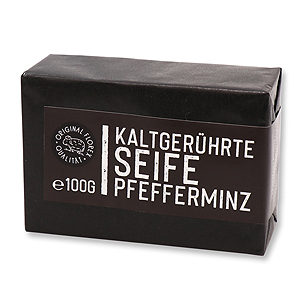 Kaltgerührte Seife 100g schwarz verpackt "Black Edition", Pfefferminz 