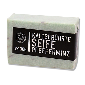 Kaltgerührte Seife 100g weiß verpackt "Black Edition", Pfefferminz 