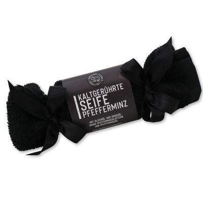 Cold-stirred soap 100g in a washing cloth black "Black Edition", Peppermint 