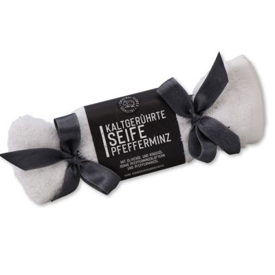 Cold-stirred soap 100g in a washing cloth white "Black Edition", Peppermint 