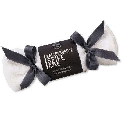 Cold-stirred soap 100g in a washing cloth white "Black Edition", Rose 