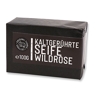 Kaltgerührte Seife 100g schwarz verpackt "Black Edition", Wildrose mit Blüten 