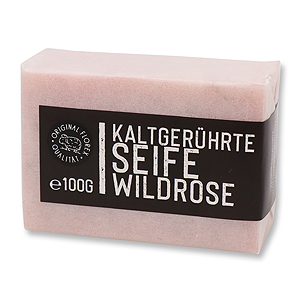 Kaltgerührte Seife 100g weiß verpackt "Black Edition", Wildrose mit Blüten 