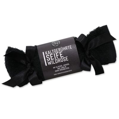 Cold-stirred soap 100g in a washing cloth black "Black Edition", Wild rose with petals 