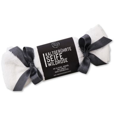 Cold-stirred soap 100g in a washing cloth white "Black Edition", Wild rose with petals 