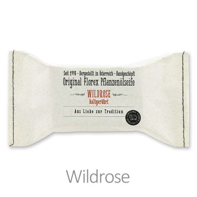 Kaltgerührte Seife 100g im genähten Papierbeutel "Aus Liebe zur Tradition", Wildrose mit Blüten 