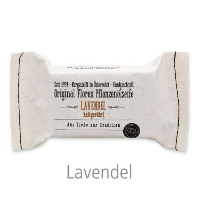 Kaltgerührte Seife 100g im genähten Papierbeutel "Aus Liebe zur Tradition", Lavendel 