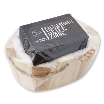 Cold-stirred soap 100g with a wodden basket in cello "Black Edition", Swiss pine 