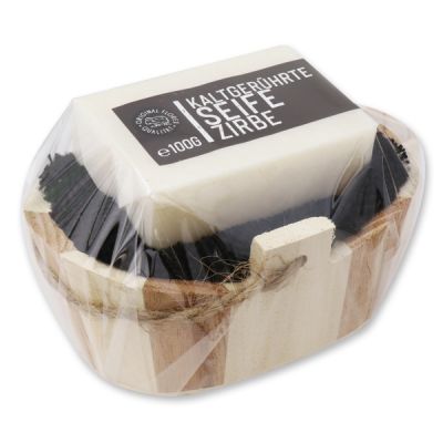 Cold-stirred soap 100g with a wodden basket in cello "Black Edition", Swiss pine 